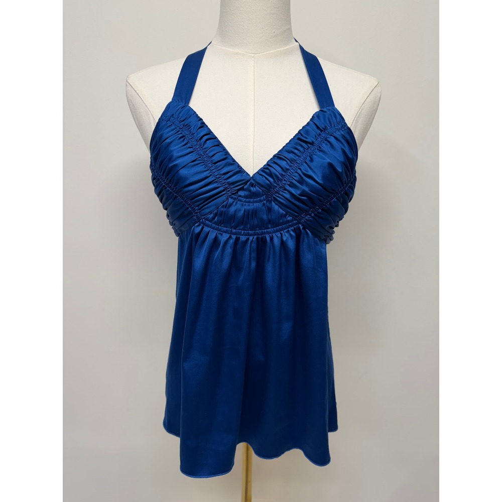 Vintage Y2K Blue Satin Ruched Halter Babydoll Going Out Top Small Fairy Festival